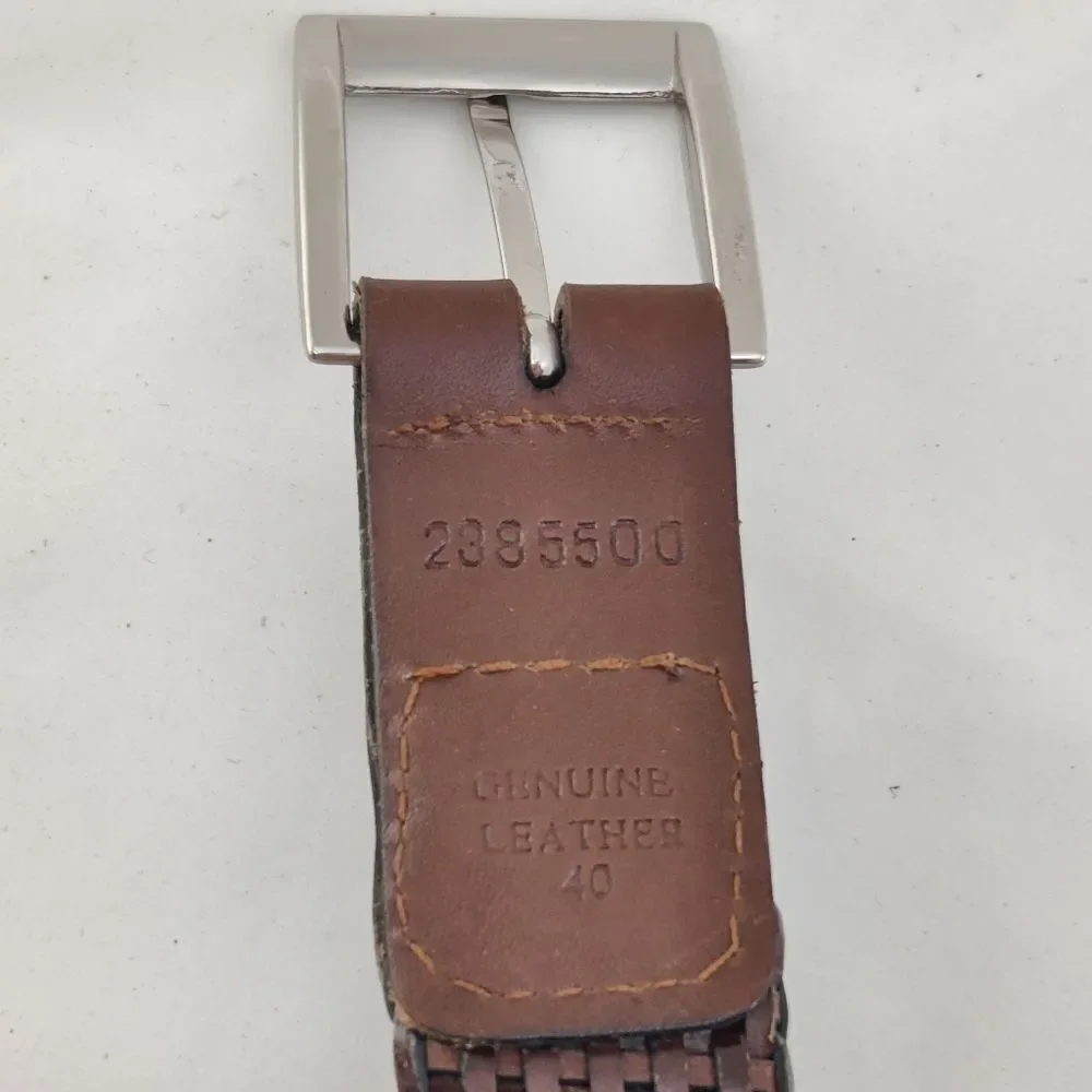 Woven genuine Leather Belt Sz 40 in Brown Square Buckle Heel Prong Silver Metal